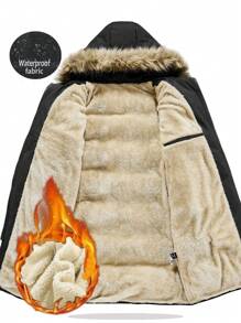 Manfinity Homme 男士中长款连帽开衫，带毛领和抓绒内衬，秋冬季 - 黑色 - 查看 3