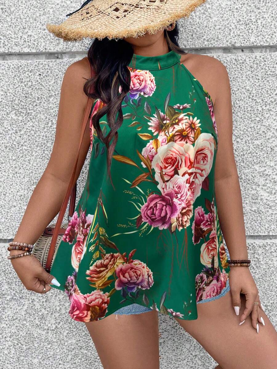 SHEIN Clasi 夏季大码花卉印花无袖吊带衬衫 - 彩色 - 查看 1