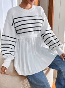 SHEIN Essnce 女士条纹针织毛衣秋冬时尚长袖圆领套头衫宽松运动装，女士秋季针织衫，女士毛衣，白色毛衣，秋季毛衣 - 白色 - 查看 3