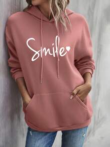 SHEIN Cottnline Baumwoll-Hoodie mit Buchstaben-Grafik, Tasche, Drop-Shoulder und Kordelzug, für zierliche Frauen - Altrosa - Übersicht 5