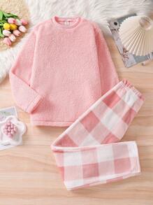 Teen Girl 2pcs Casual Simple Plaid Hooded Sweatshirt And Pants Two-Piece Set, Fall/Winter 2024