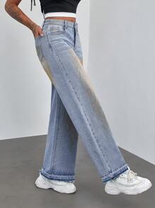 SHEIN ICON Jeans droits ample pour femmes avec poches, décontracté et polyvalent grunge - Jean bleu - Voir 5