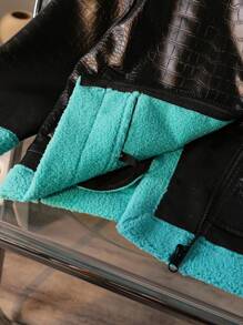 Young Girl' Motorcycle Faux Leather Jacket With Thermal Lining, 2024 Winter Warm Windbreaker - Black - View 3