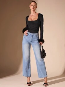 SHEIN BAE Women's Plain Square Neck Fuzzy Patchwork Long Sleeve Bodysuit - Black - View 1