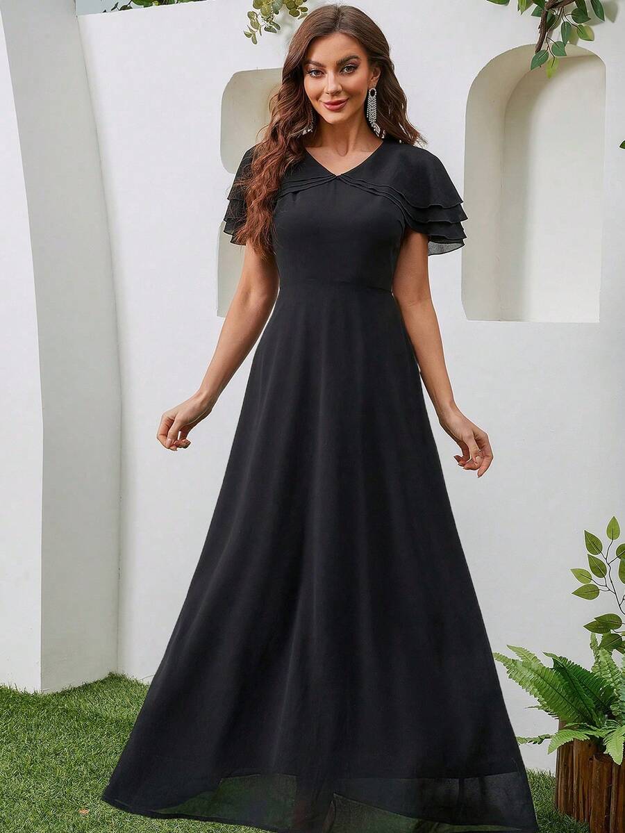 Short Sleeve V-Neck Chiffon Bridesmaid Dress With Slim Waist In Solid Color