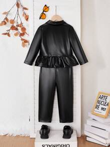 SHEIN 3pcs/Set Young Girl Long Sleeve Zipper Jacket, Letter Print T-Shirt, And Black Faux Leather Pants
