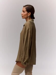 MUSERA Oversized Collared Button Up Blouse Vacation Spring Summer Holiday - Olive Green - View 4