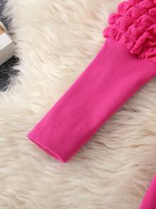 SHEIN Young Girl Solid Color Knit Round Neck Gigot Sleeve Fitted Casual Dress With Sling Bag