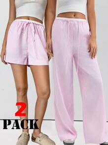 SHEIN Essnce Bộ 2 quần đùi sọc đỏ trắng mùa hè + quần ống rộng - Hồng - Xem 1