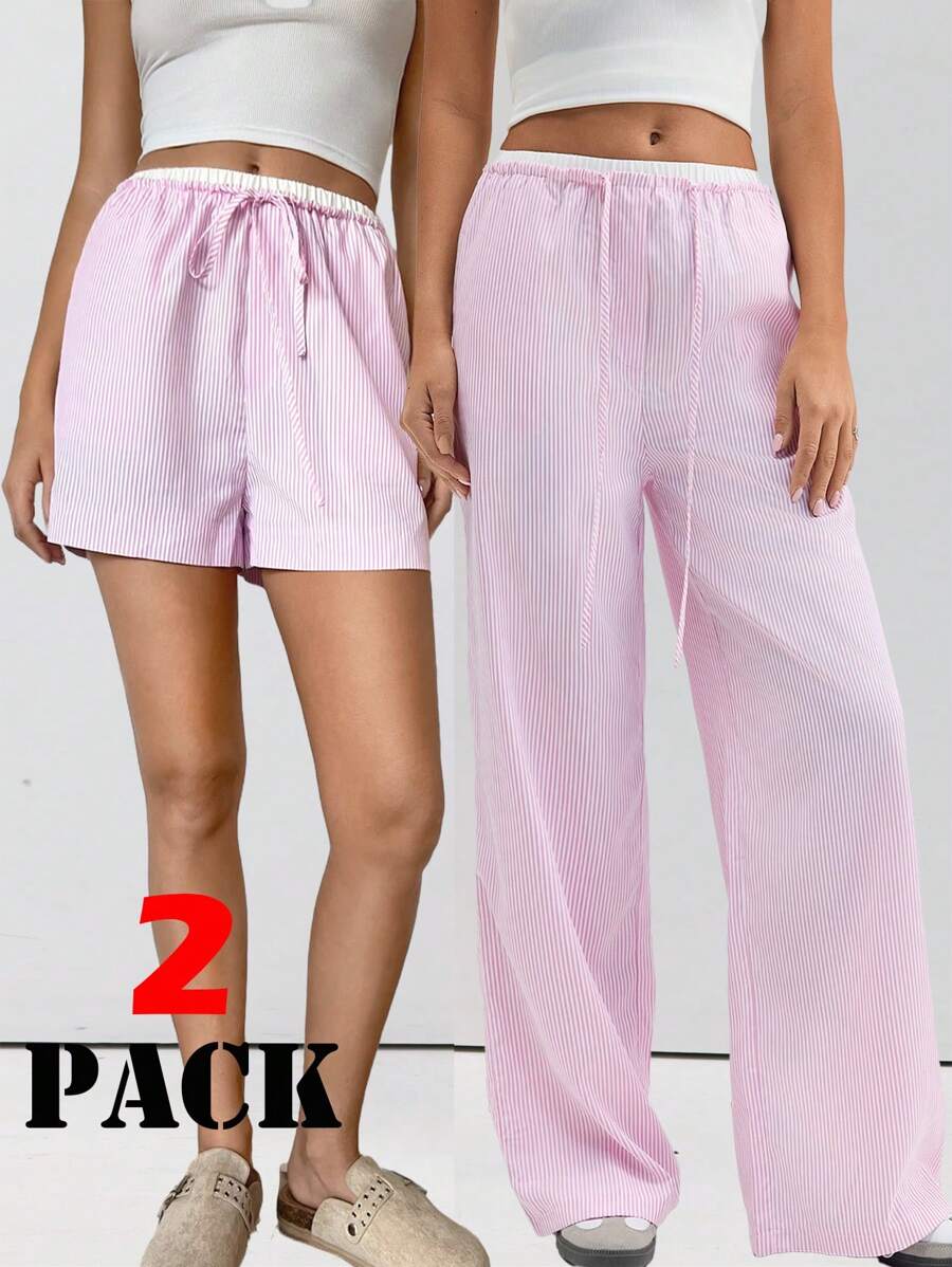 SHEIN Essnce Bộ 2 quần đùi sọc đỏ trắng mùa hè + quần ống rộng - Hồng - Xem 1