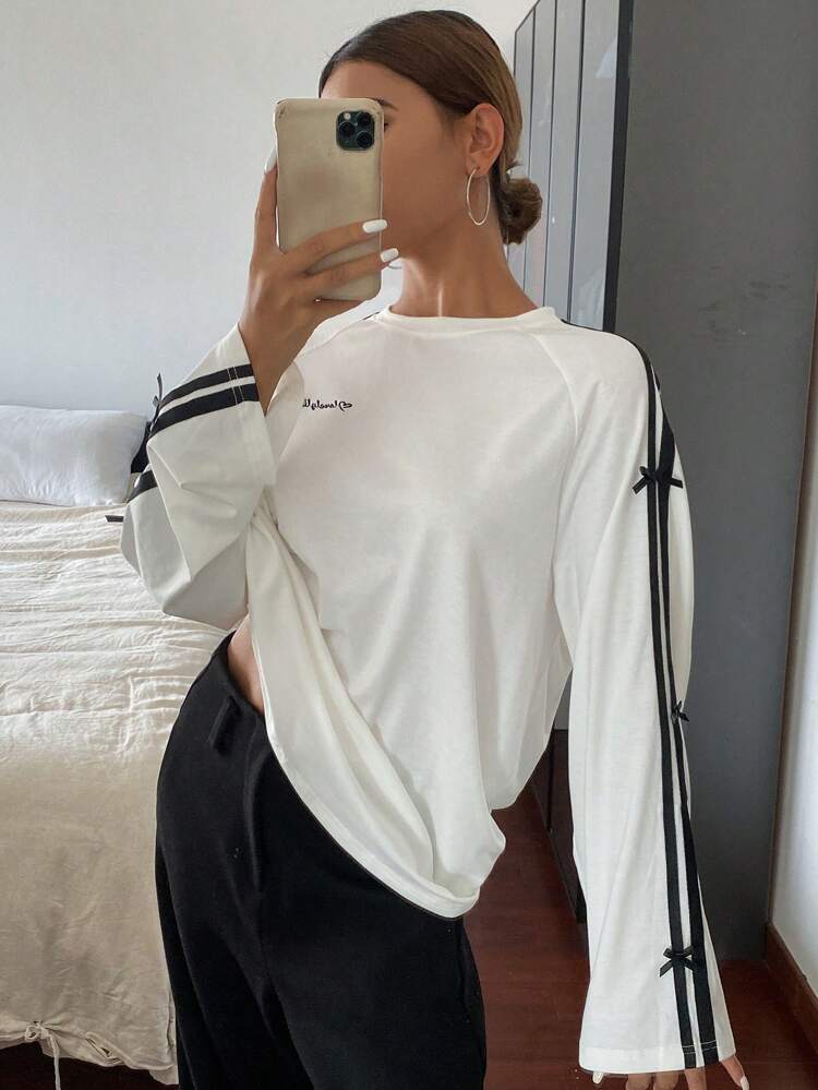 Color Block Striped Letter & Bow Embroidery Loose Round Neck Long Sleeve Women T-Shirt,Fall Clothes