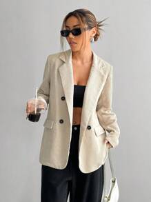 SHEIN Unity French Style Solid Color Double Breasted Long Sleeve Blazer Fall Cloth For Women - Apricot - View 3