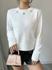 Chiquease 女式亮片装饰圆领长袖针织毛衣，秋冬季 - 白色 - 查看 6