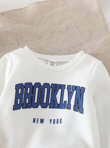 SHEIN Leap Crew 2 件装女婴字母图案羊毛运动衫和喇叭裤套装，加厚冬季套装 - 白色 - 查看 6