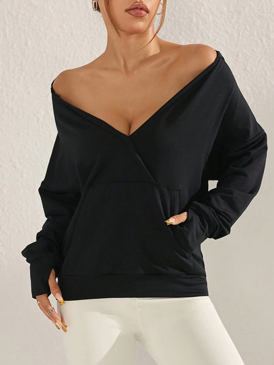 SHEIN Sports Black Loose Fit Comfortable Deep V Neck Sweatshirt - Black - View 1