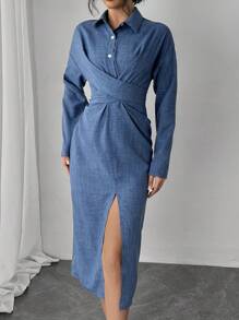 Chiquease Cross-Wrap Split Hem Casual Dress, Spring Autumn - Blue - View 3