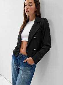 TRNVIE Women's Solid-Color Long Sleeve Double-Breasted Blazer Jacket - Slimming Silhouette Fall Cloth For Women - Black - View 6