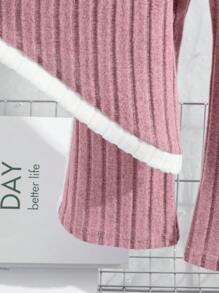 SHEIN 2 件装年轻女孩拼布不对称下摆短款上衣时尚套装 - 粉色 - 查看 5