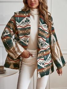 SHEIN Clasi Print Long Sleeve Jacket, Autumn/Winter - Green - View 5