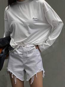 DAZY Áo thun dài tay hở vai in chữ dáng rộng thoải mái cho nữ, Quần áo mùa xuân và mùa hè, Quần áo mùa thu, Quần áo trở lại trường, Áo phông kiểu học sinh - trắng - Xem 5