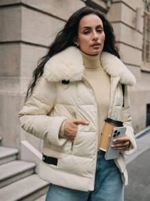 SHEIN x Carly Lawrence Anewsta Chaqueta corta con cuello esponjoso de mujer en beige