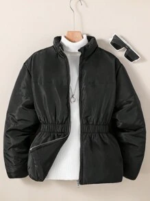 SHEIN Solid Color Simple Style Long Sleeve Padded Coat For Tween Girls, Daily Wear - Black - View 1