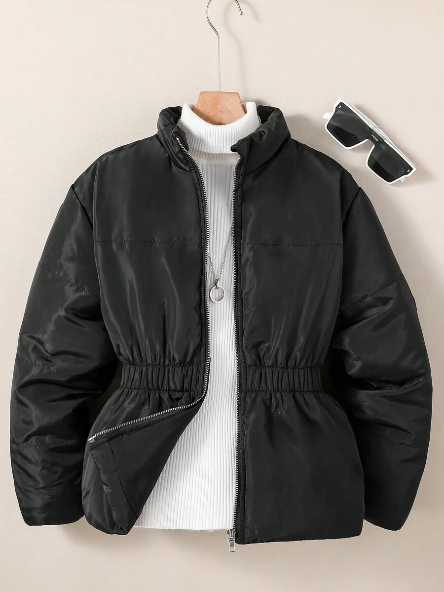 SHEIN Solid Color Simple Style Long Sleeve Padded Coat For Tween Girls, Daily Wear - Black - View 1