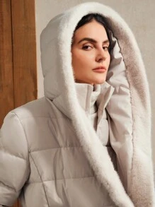 Anewsta Thick Fur Collar Mid-Length Versatile Women Jacket - Beige - View 7