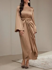 Veilorie 女士优雅纯色喇叭袖系带长裙，秋季朴素 - 卡其色 - 查看 6