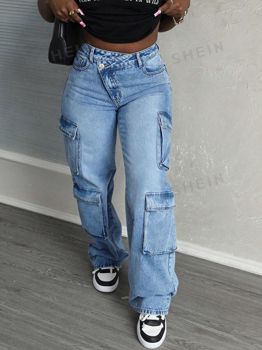 SHEIN Slayr Pantalón peto de mezclilla de pierna recta a media cintura