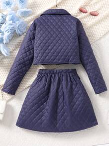 青少年女孩前扣长袖仿口袋简约衬衫和褶皱裙两件套 - 藏蓝色 - 查看 9