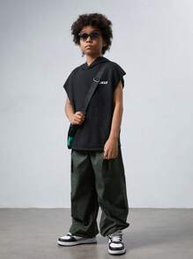 SHEIN Áo ba lỗ dệt kim có mũ trùm đầu có in chữ mùa hè của Tween Boys - màu đen - Xem 7