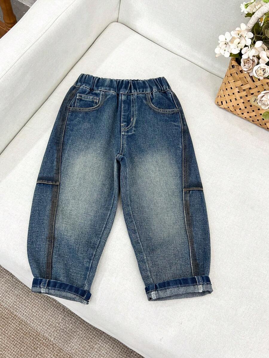 SHEIN YOUNG BOY 波西米亚风都市街头日常休闲风格复古水洗全松紧腰平口袋灯笼裤牛仔裤