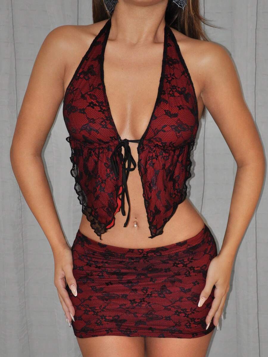 SHEIN ICON 2 件套女士美国 Y2K 风格黑红撞色蕾丝分层低腰迷你裙套装 - 彩色 - 查看 1