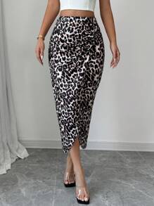 Chiquease Women's Fitted Elegant Pleated Slit Bodycon Leopard Print Pencil Skirt