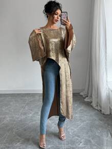 Selianne 3/4 袖不对称斗篷风格宽松闪亮衬衫，休闲春秋季节日派对服装
