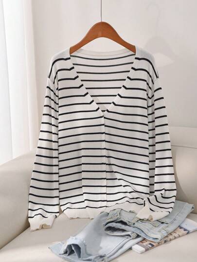 CosyJoli Plus Size Fall Striped Printed Casual Long Sleeve Cardigan Autumn