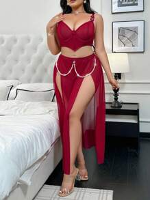 3 piezas/Conjunto Sujetador sexy con decoración de flores de perlas falsas + Tanga + Falda con abertura en la cintura