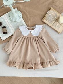 SHEIN LMoss Kids LMoss Baby Girl Cute Camel Color Corduroy Patchwork Peter Pan Collar Long Sleeve Dress, Autumn/Winter - Apricot - View 1