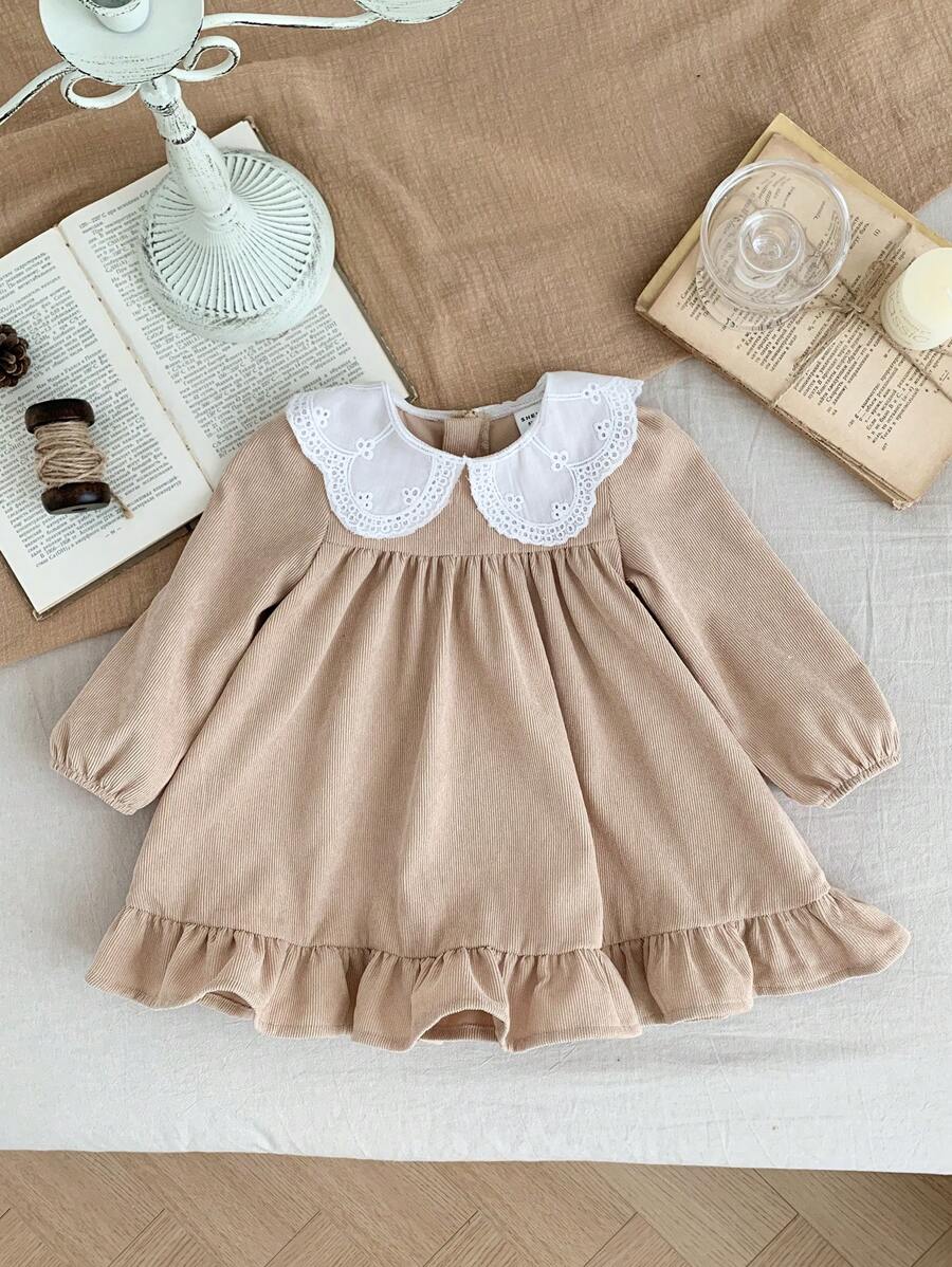 SHEIN LMoss Kids LMoss Baby Girl Cute Camel Color Corduroy Patchwork Peter Pan Collar Long Sleeve Dress, Autumn/Winter - Apricot - View 1