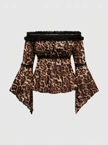ROMWE Hippie Blusa in chiffon a spalle scoperte con stampa leopardata metallizzata, maniche a campana asimmetriche in rete, modello vintage per donne - Castano - Visualizzare 1