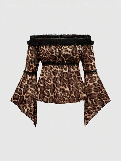 Hippie Vintage Off Shoulder Chiffon Metallic Leopard Asymmetrical Bell Sleeve Mesh Blouse For Women