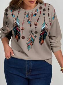 EMERY ROSE Plus Size Women's Autumn/Winter Casual Retro Feather  Pattern Long Sleeve Loose Pullover Sweatshirt