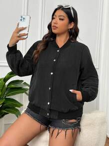 SHEIN EZwear Plus Size Solid Color Front Button Long Sleeve Simple Jacket, Casual Daily Wear - Black - View 4