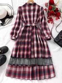 Robe à manches longues avec contraste de carreaux et de maillage pour pre-adolescentes
