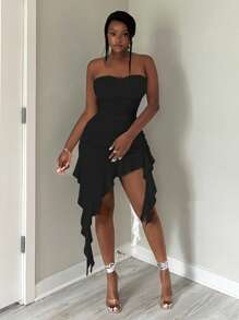 SHEIN SXY 女士简约纯色日常穿着筒状荷叶边下摆连衣裙适合约会之夜、生日、单身派对装、休闲、购物、外出、度假、海滩，