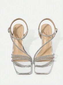 CUCCOO SZL Sandalias de tacón alto de punta abierta para mujeres, tacones transparentes de moda, adecuados para zapatos de vacaciones de todas las estaciones de verano Halloween Navidad Fiesta de discoteca Salida nocturna sexy Otoño - Plateado - Ver 6