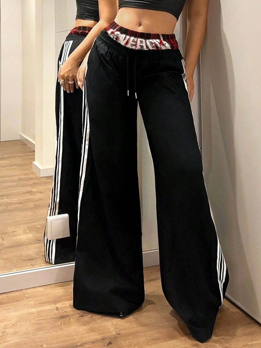 SHEIN ICON Quần ống rộng cạp thấp phong cách thể thao thường ngày Y2k dành cho nữ 2 trong 1 trang phục thu - màu đen - Xem 1