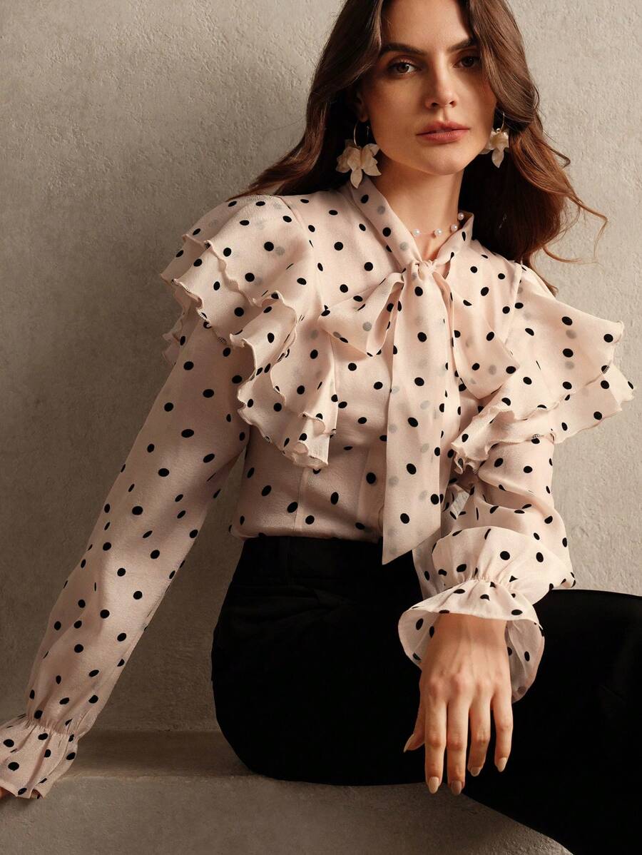 Anewsta Light Pink Polka Dot Ruffle Trim Long Sleeve Blouse With Bow Tie Collar, Autumn/Winter - Pink - View 1