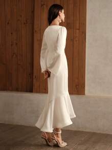 Anewsta Elegant Satin Ruffle Waist Slimming Long Dress For Women - White - View 2